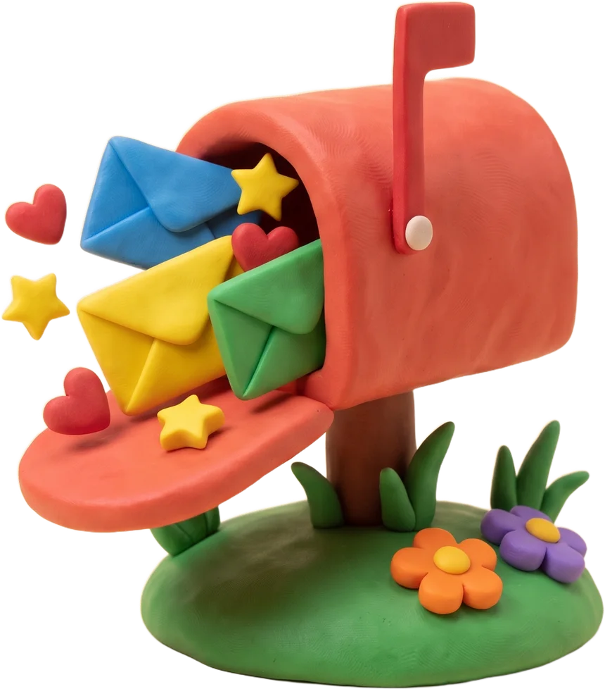 A clay mailbox overflowing with colourful envelopes, hearts and stars