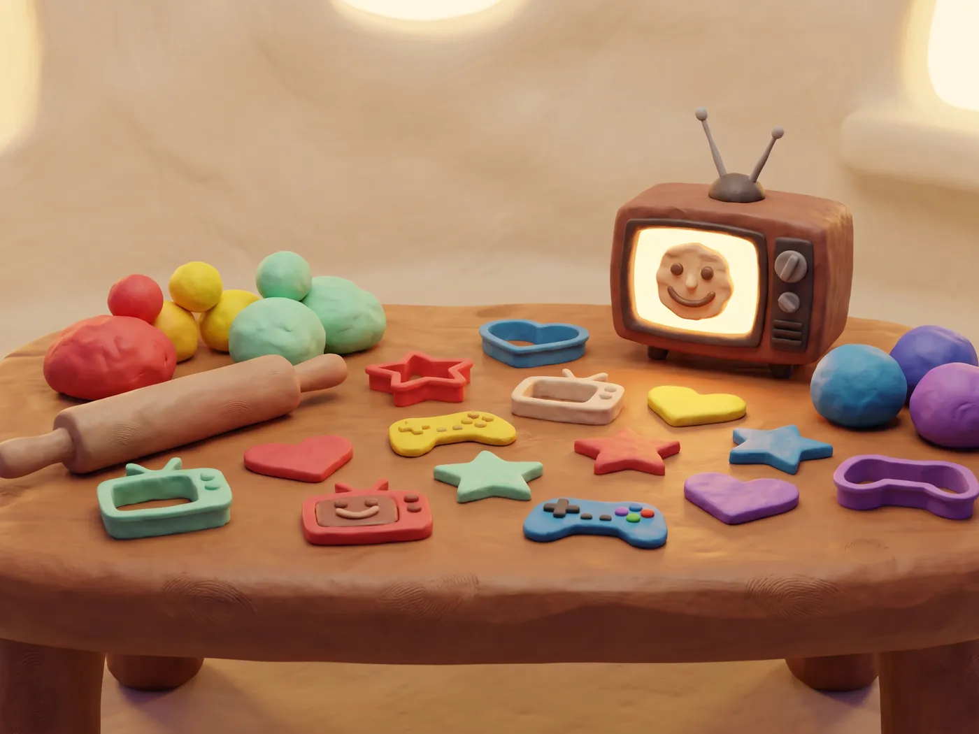 A clay workshop table with rolling pin, colourful dough and cookie cutters shaped like a star, a heart, a TV and a game controller